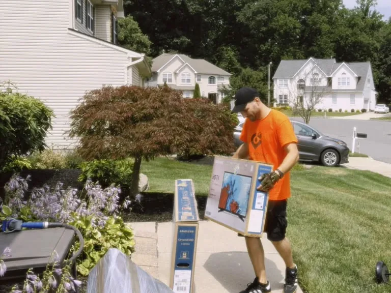 Hamilton movers carrying a wrapped flat-screen TV during a household move